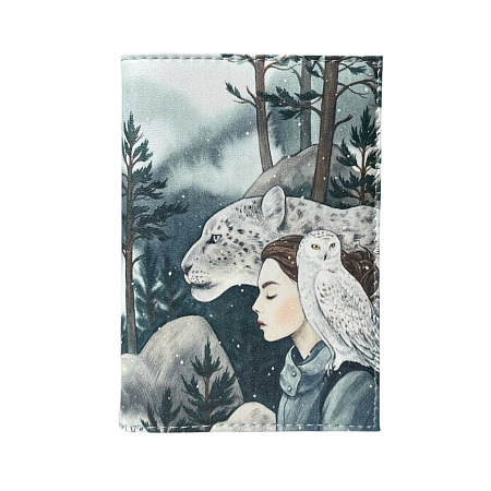 Обложка на паспорт «Снежный барс, сова и девушка»