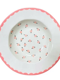 Тарелка глубокая с полями ручной работы Slowday Ceramics с розовыми цветочками «Винтаж», керамика, 25 см