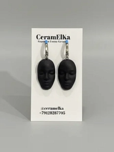 Серьги КерамЕлКа «Лица овальные», фарфор, черные матовые
