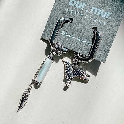 Асимметричные серьги-конго Бур.Мур «Колибри и цилиндр», родированная латунь, перламутр, фото 2.