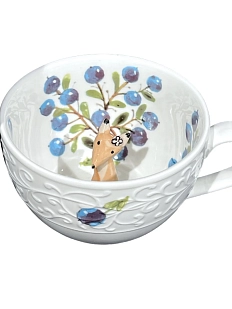 Чашка для чая ручной работы Мадам де Тюль с фигуркой внутри Лиса с голубикой, синяя, фарфор, 250 мл