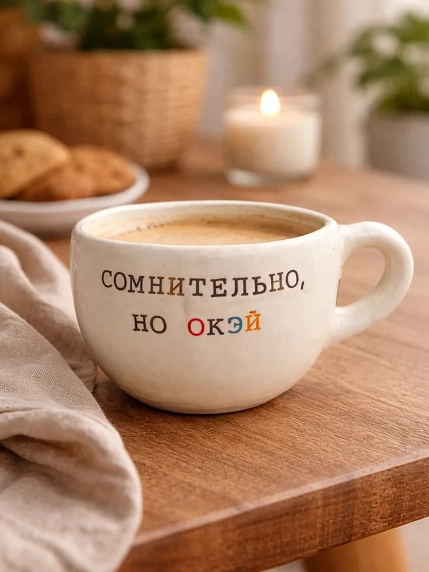 Кружка ручной работы Керамур с надписью «Сомнительно, но окэй», белая, керамика, 180 мл, фото 3.
