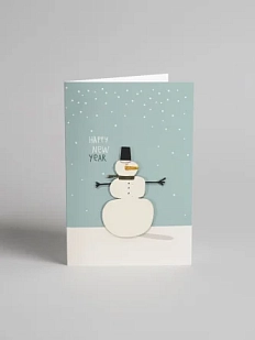 Открытка ВОЕ с деревянными элементами «Happy New Year cо снеговиком», открывающаяся