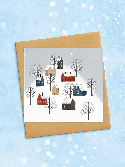 Квадратная зимняя сканди открытка «Домики на горе», фото 2.