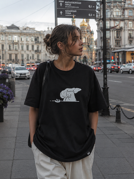 Футболка ШКЯ «Котик с сижкой», унисекс, 46, черная, фото 4.