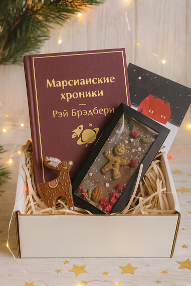 Подарочный набор на Новый год с книгой «Марсианские хроники», ёлочной игрушкой и шоколадом, фото 1.