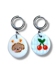 Серьги-конго Радость Рядом с овальном подвеской «Собачка с вишенками», полимерная глина, белые