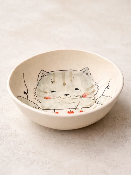 Пиала ручной работы НАДО ЖЕ с росписью «Кот с гирляндой», белая, керамика, 13 см, фото 2.