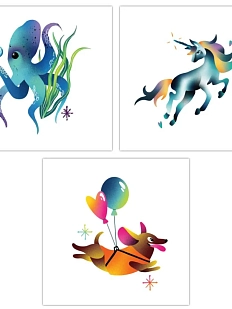 Набор открыток Кириленко Елизаветы «Единорог, осьминог и такса», квадратные