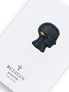 Брошь ручной работы Bulygin «Мозг», фарфор, чёрно-золотистая