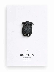 Брошь ручной работы Фарфор Булыгина «Сова», чёрно-серебристая