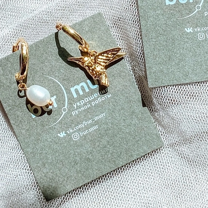 Серьги-конго «Колибри», позолота, латунь, жемчуг, фото 2.