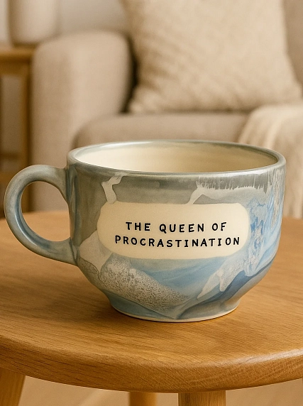 Кружка ручной работы Тата вытворяет/NF ceramics «The Queen of procrastination», голубая, керамика, 600 мл, фото 2.