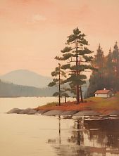 Постер интерьерный DARI DARI «Пейзаж - сосны у озера», А4