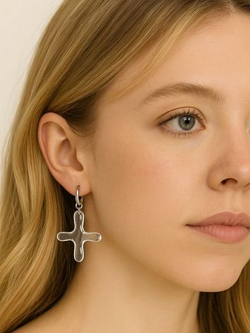 Моносерьга ручной работы «Крестик», полимерная глина, прозрачная, фото 4.