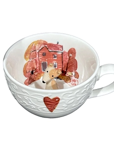 Чашка для чая ручной работы Мадам де Тюль с фигуркой внутри Пёсик и домик, бело-розовая, фарфор, 250 мл