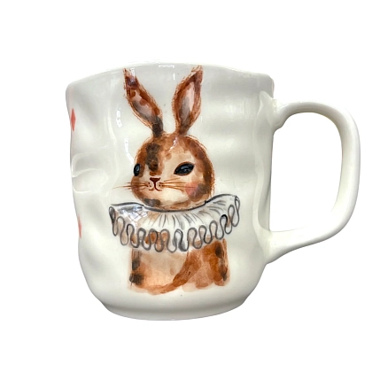 Кружка ручной работы Ким керамика с росписью Зайка в жабо с розовыми ромбиками, фарфор, 350 мл, фото 1.