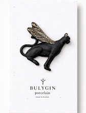 Брошь ручной работы Bulygin «Гепард», фарфор, чёрно-серебристая