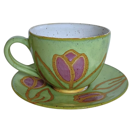 Чайная пара ручной работы «Розовые тюльпаны», керамика, 400 мл, фото 1.