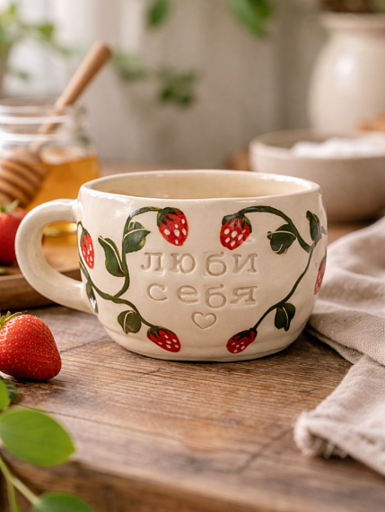 Кружка ручной работы с клубникой «Люби себя», керамика, 300 мл, фото 1.
