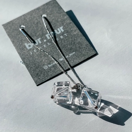 Серьги-протяжки Бур.Мур «Ice», родированная латунь, горный хрусталь, фото 2.