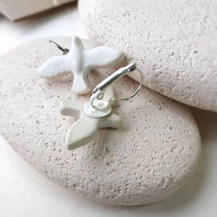 Серьги «Белые пташки», фаянсовая глина, фото 3.