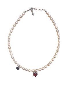 Чокер ручной работы «Ice» с красным сердцем, речной жемчуг, родированная латунь