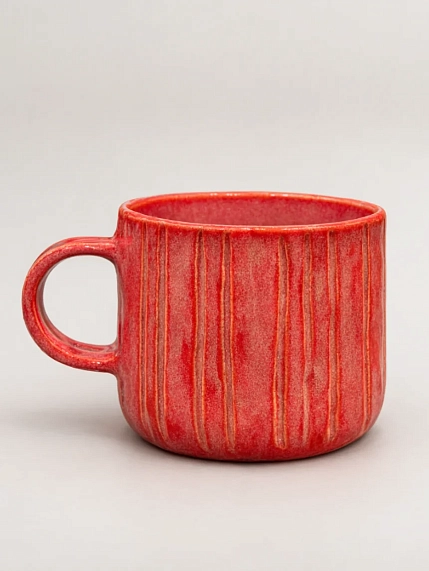 Кружка ручной работы Идеальное совпадение тёмно-розовая с полосками, керамика, 350 мл, фото 1.