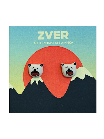 Серьги-гвоздики ручной работы Звер «Рычащие котики», белый, керамика, фото 1.