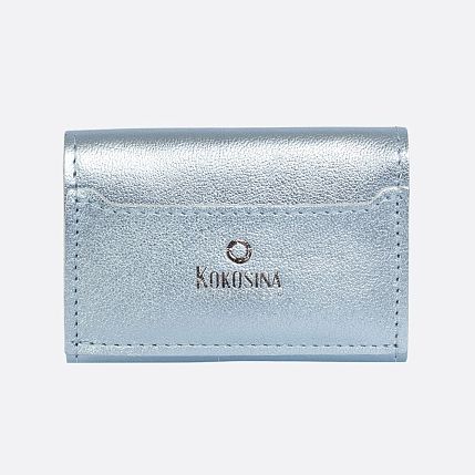 Cкладной кошелёк визитница ручной работы, Kokosina bags, натуральная кожа, голубой металлик, фото 2.