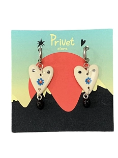 Серьги-конго Звер ручной работы с бусиной «Сердце с синим цветком», разноцветный, керамика