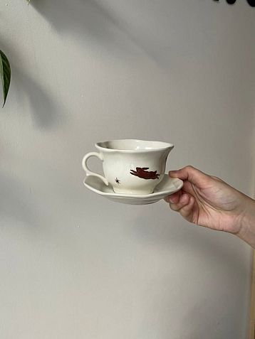 Чайная пара ручной работы «Кролик и звёзды», полуфарфор, 200 мл, фото 3.