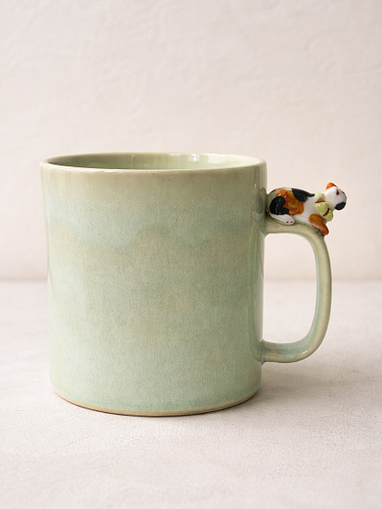 Кружка ручной работы цилиндр с фигуркой на ручке «Котик», светло-зеленая, 380 мл, фото 2.