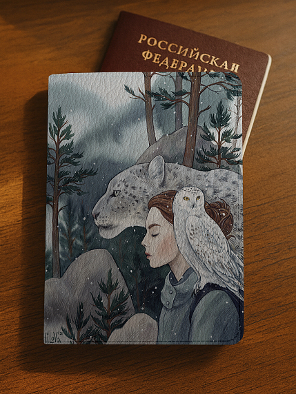 Обложка на паспорт «Снежный барс, сова и девушка», Спешилова Анна, фото 3.
