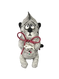 Брошь ручной работы Серый котик с рыбкой, шерсть