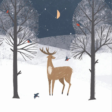 Квадратная сканди открытка «Олень в ночном лесу»