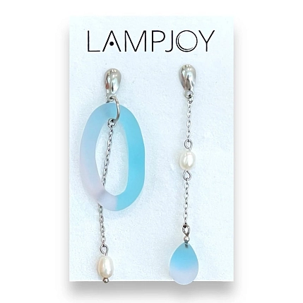 Асимметричные серьги Лампджой, матовое стекло, голубо-розовые, фото 1.