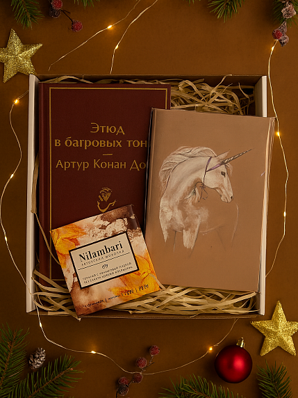 Подарочный набор на Новый год с книгой «Этюд в багровых тонах», блокнотом и шоколадом, фото 1.