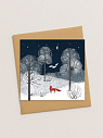 Квадратная зимняя сканди открытка «Лиса в ночном лесу», превью фото 1