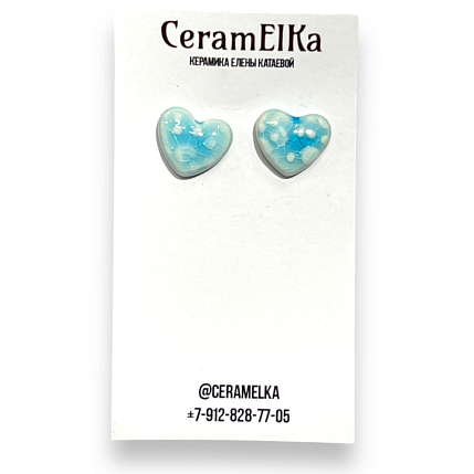 Серёжки-гвоздики «Сердечки с разводами», керамика, бирюзовые, фото 1.