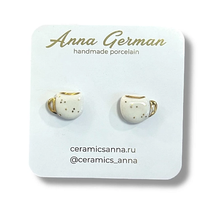 Серёжки-гвоздики Анна Герман «Кружечки в точку», фарфор, бело-золотистые, фото 1.
