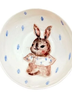 Пиала ручной работы Ким керамика с росписью внутри Зайка с воротником, белая, фарфор, 10 см