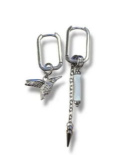 Асимметричные серьги-конго Бур.Мур «Колибри и цилиндр», родированная латунь, перламутр