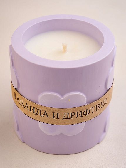 Соевая свеча «Цветочки» в стакане с ароматом лаванды и дрифтвуда, гипс, фото 1.