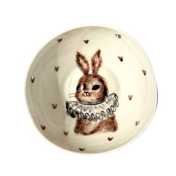 Пиала ручной работы Ким керамика с росписью внутри Зайка в жабо с сердечками, белая, фарфор, 10 см, фото 2.
