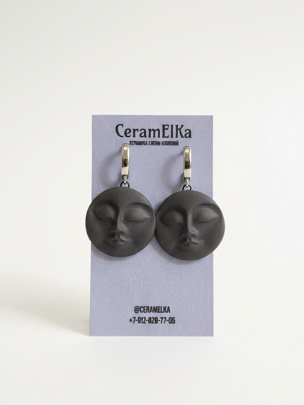 Серьги КерамЕлКа «Большие лица», фарфор, чёрные, матовые, фото 2.