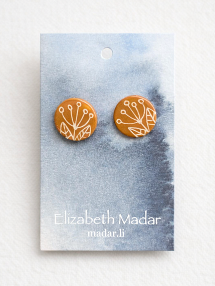 Серёжки-гвоздики с цветочным орнаментом, круглые, керамика, оранжевые, фото 1.