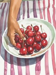 Постер интерьерный DARI DARI «Тарелка черешни на полосатой скатерти», А2