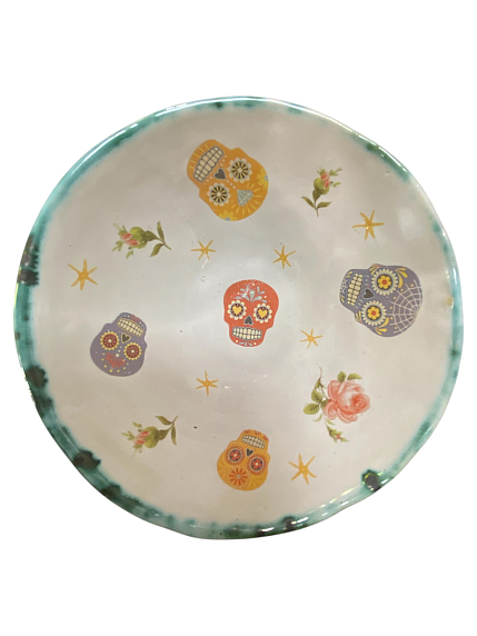Глубокая тарелка ручной работы «Черепа», бирюзовая, керамика, 15 см, фото 1.