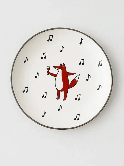 Тарелка ручной работы Ким керамика с бортиком Лис и ноты, белая, 17 см, фото 1.